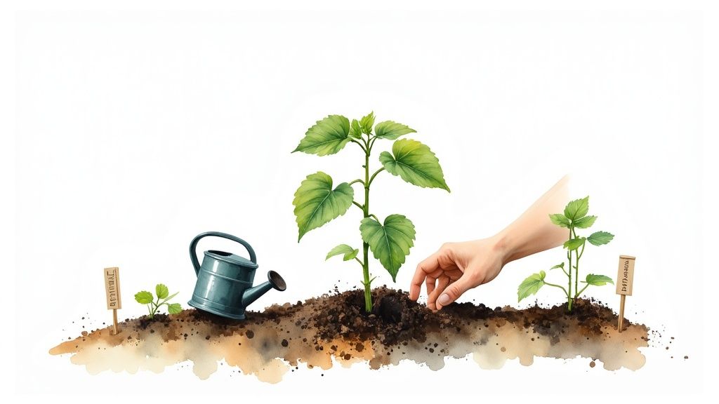 Käsi istutab seemikut, näidates taime kasvu etappe mullas kastekannuga valgel taustal.