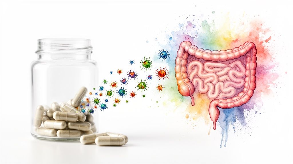 Kapslid voolavad purgist värviliste mikroobidena soolestikku, sümboliseerides soolestiku tervist ja probiootikume.