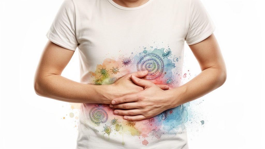 Inimene hoiab käsi kõhul, akvarellistiilis mikroobide ja bakterite illustratsioonidega, mis viitavad soolestiku tervisele.