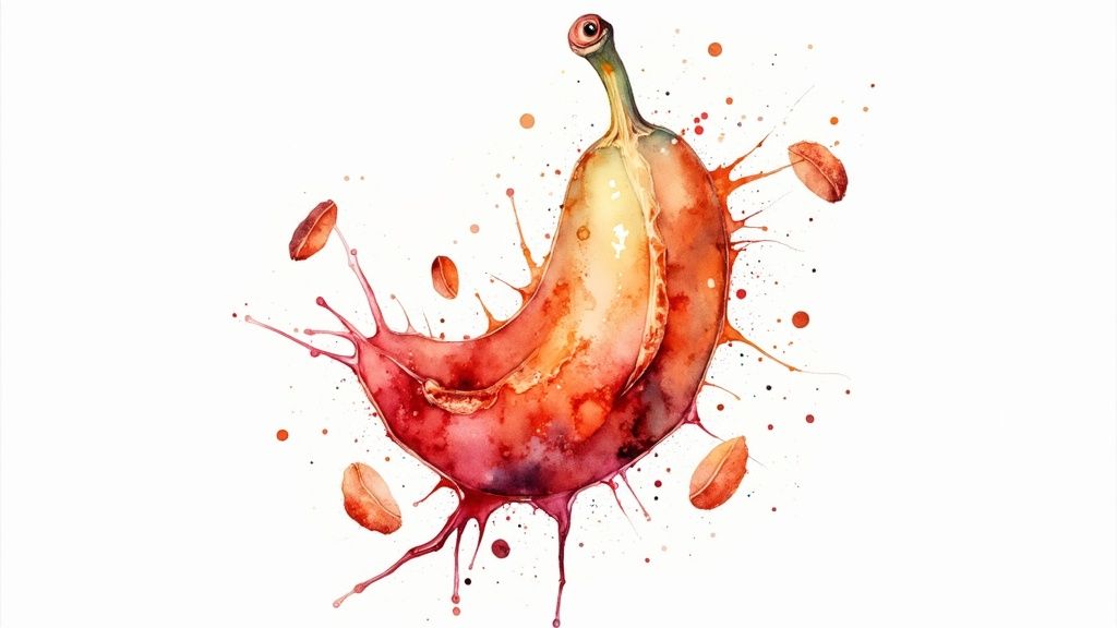 Akvarellmaal probiootilist bakterit kujutavast organismist, ümbritsetud värvilistest tilkadest ja pritsmetest