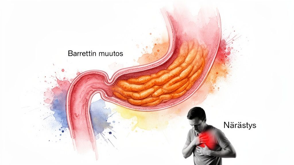 Kuva ruokatorvesta ja mahalaukusta, joissa näkyy Barrettin muutos ja mies, jolla on närästystä.