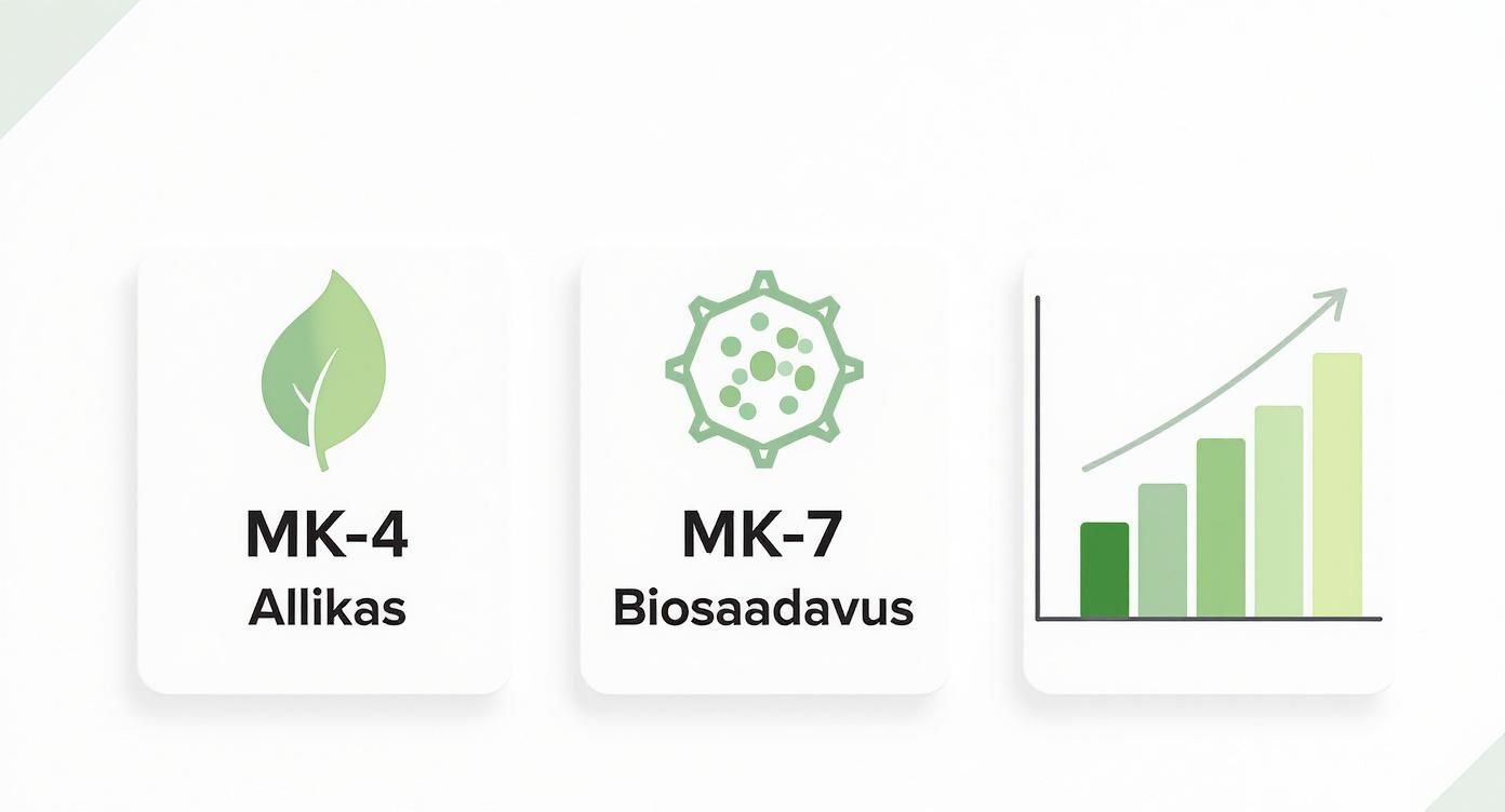 Kolm valget kaarti roheliste ikoonidega, mis illustreerivad MK-4 allikat, MK-7 biosaadavust ja positiivset kasvu.
