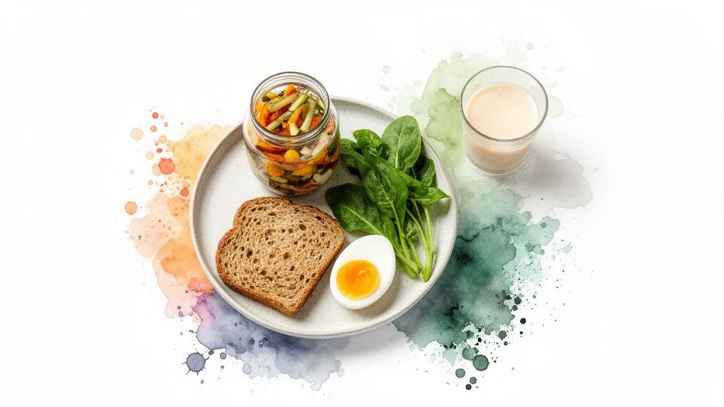 Tasakaalustatud ja tervislik eine taldrikul: köögiviljad purgis, täisteraleib, spinat, poolik keedumuna ja jook.