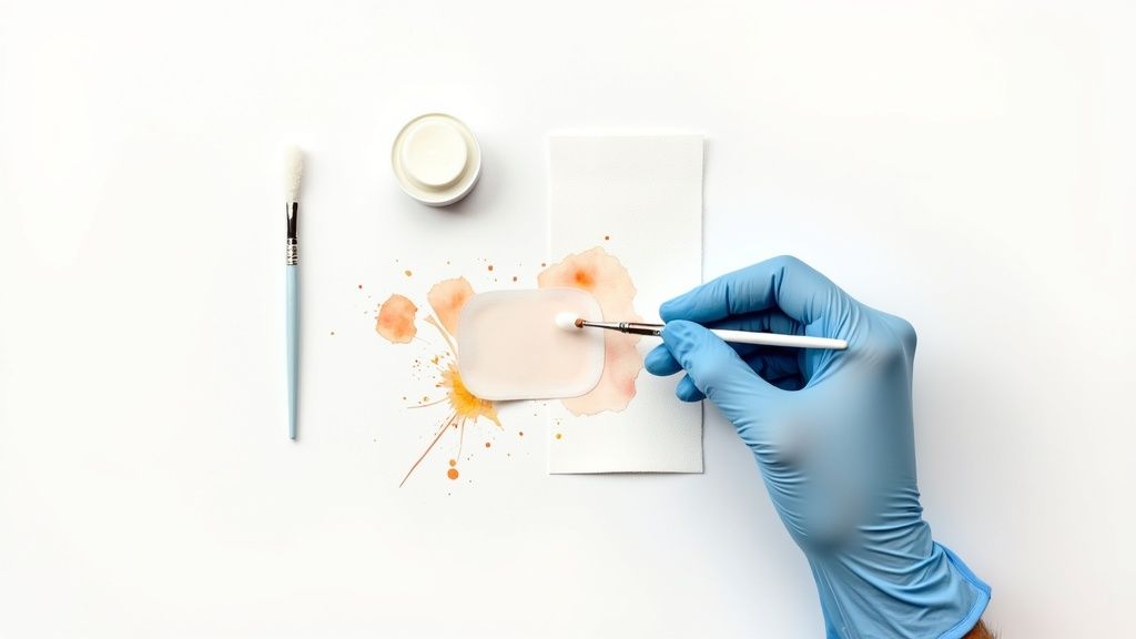 Käsi sinises kindas kannab pintsliga valgele pinnale kreemi või vedelikku, ümberringi värvipritsmed.