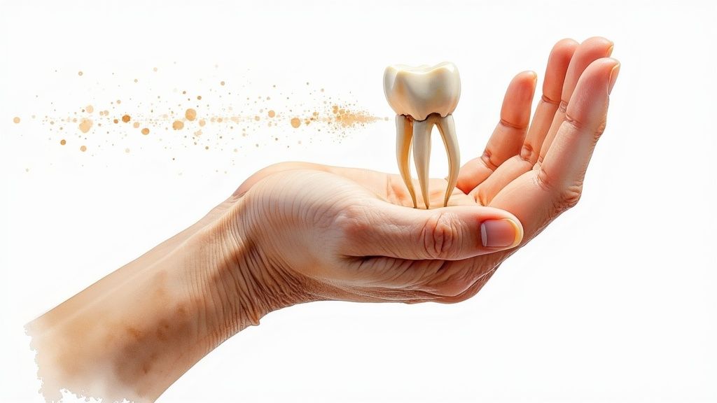 Käsi hoiab hambamudelit, mille ümber on pruunid osakesed, sümboliseerides hamba seisundit.
