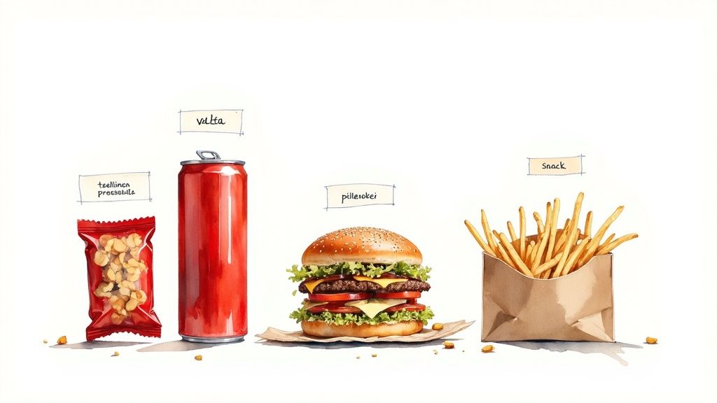 Kuva esittää rivin epäterveellisiä pikaruokia: pähkinöitä pussissa, virvoitusjuomatölkin, hampurilaisen ja ranskalaisia perunoita.