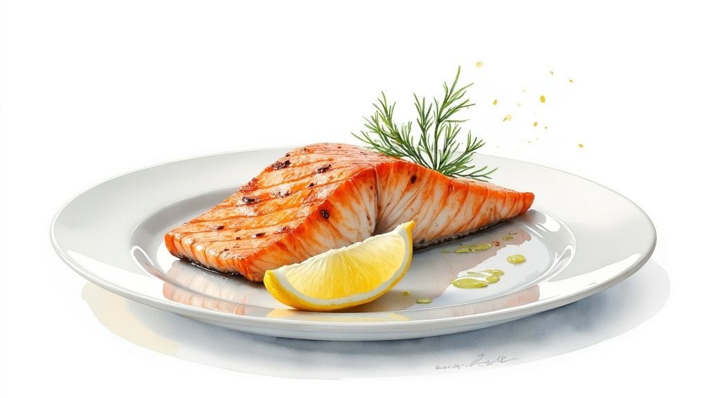 Grillitud lõhefilee sidruni ja tilliga valgel taldrikul, valmis tervislikuks eineks.