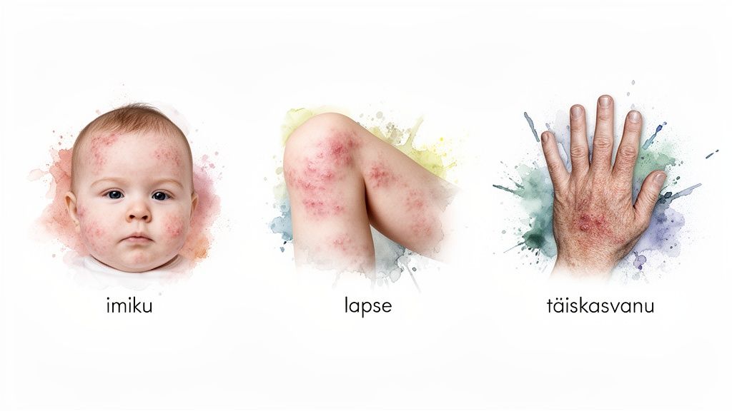 Pilt näitab ekseemi ilminguid imikutel, lastel ja täiskasvanutel, rõhutades nahaprobleemi arengut.