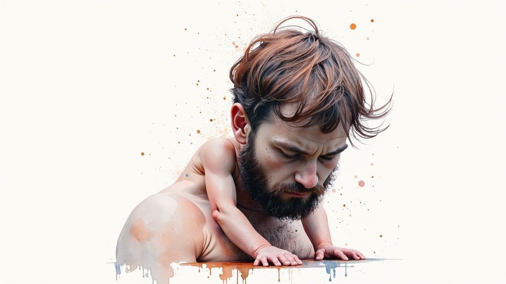 Habemega ja sassis juustega mees vaatab allapoole, imikukäed ümber tema. Akvarellistiilis pilt.