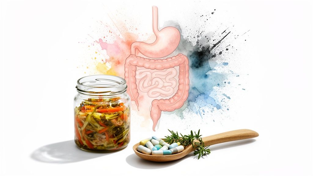 Pildil on purk fermenteeritud köögiviljadega, probiootikumide kapslid lusikal ja seedesüsteemi illustratsioon, rõhutades soolestiku tervist.