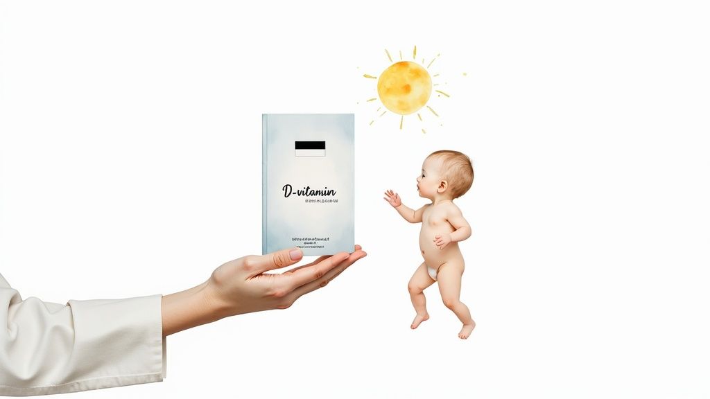 Käsi pakub D-vitamiini karpi beebile, taustal päike. Vitamiin lastele.