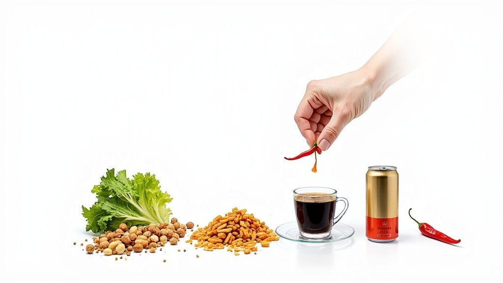Käsi lisab tšillit kohvitassi, taustal salat, pähklid, suupisted ja purk.