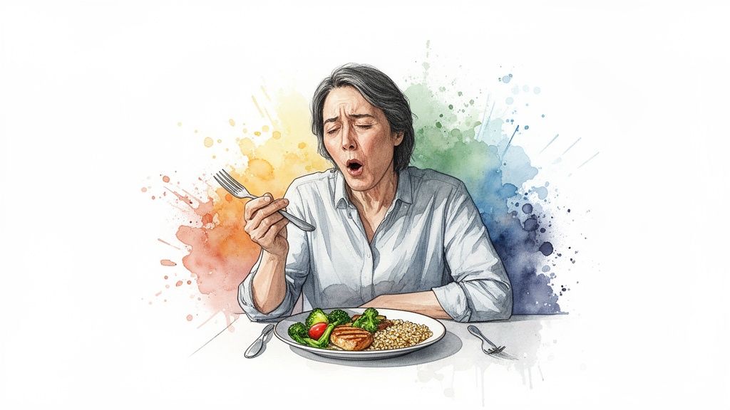 Naine vaatab vastikusega taldrikut tervisliku toiduga, millel on brokkoli, liha ja teraviljad, värvilise akvarellitaustaga.