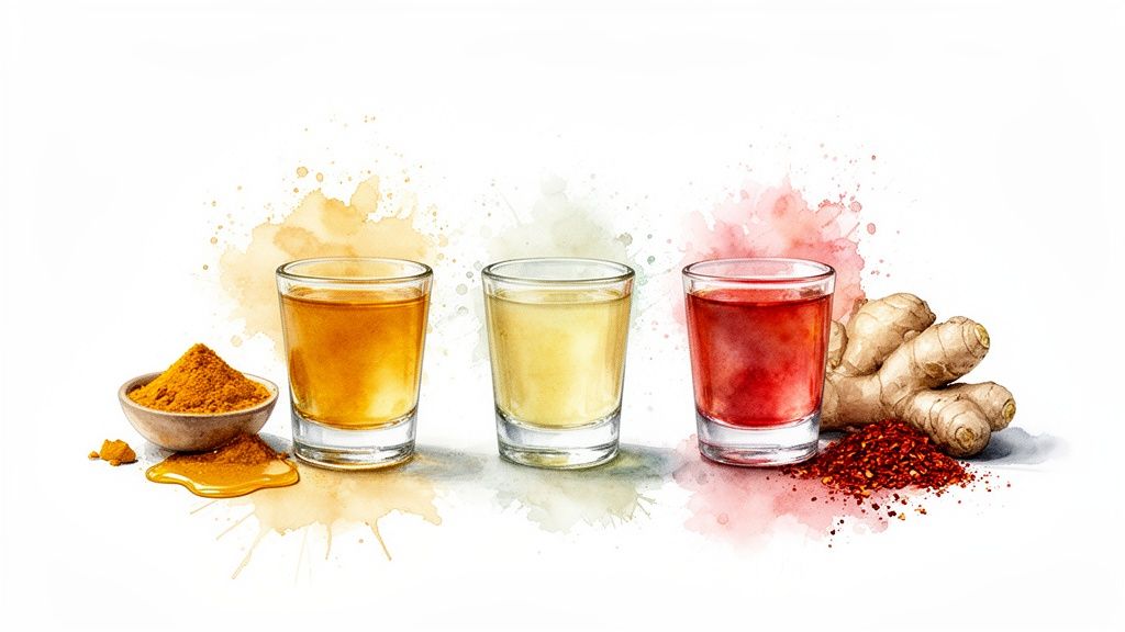 Kolm terviseshoti kurkumi, ingveri ja tšilliga koos nende looduslike koostisosadega valgel taustal.