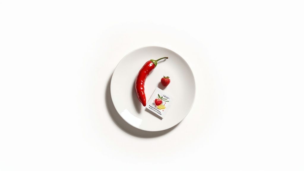 Valgel taldrikul on punane tšillipipar, maasikas ja väike pakike valgel taustal.