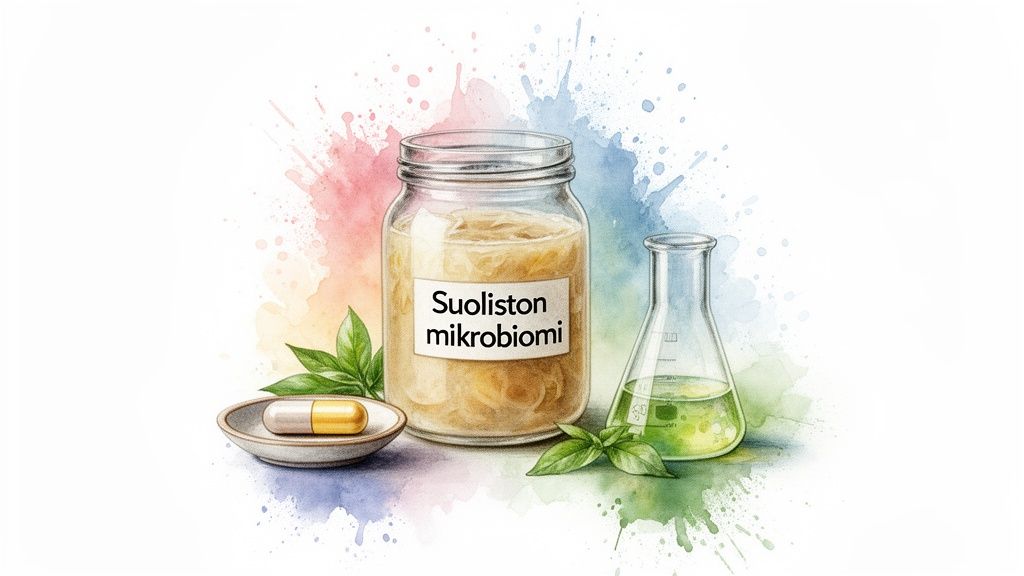 Vesivärimaalaus purkista, jossa lukee 'Suoliston mikrobiomi', kapseli, koepullo ja basilikan lehtiä värikkäillä roiskeilla.