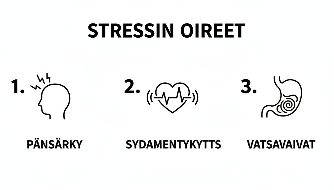 Mustavalkoinen infografiikka esittää stressin yleisimpiä fyysisiä oireita: päänsärky, sydämentykytys ja vatsavaivat.