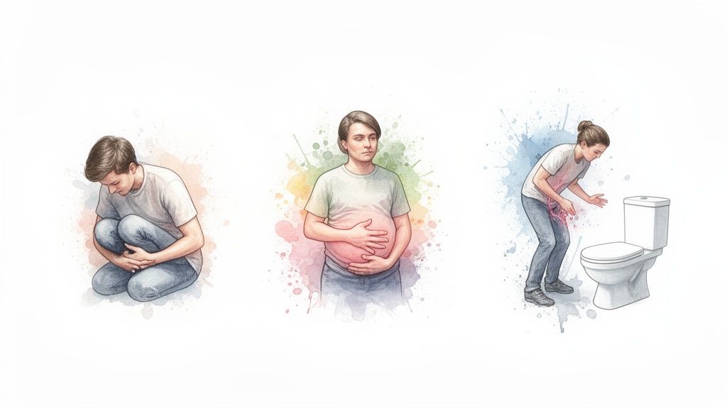 Illustratsioon seedeprobleemide sümptomitest: kõhuvalu, puhitus ja iiveldus.