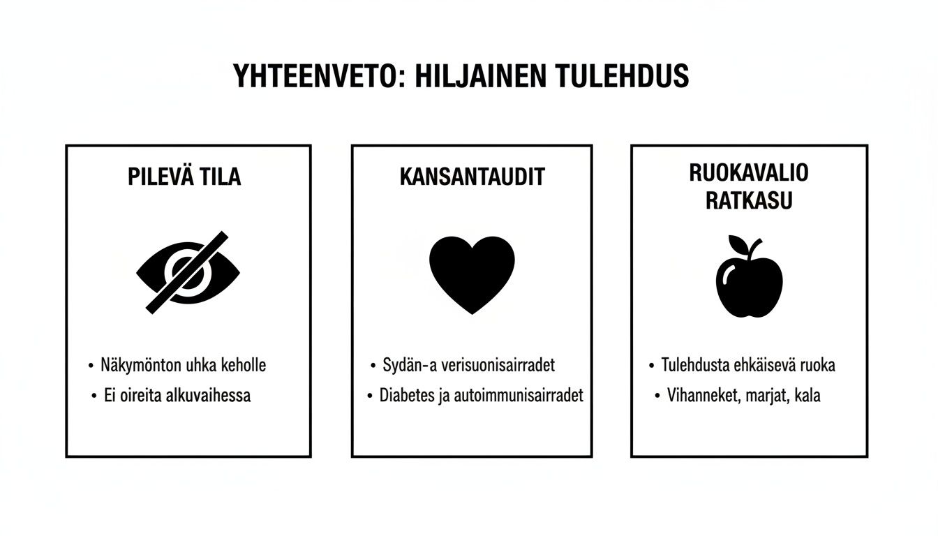 Infografiikka hiljaisesta tulehduksesta, sen syistä ja ruokavalioratkaisuista, sisältäen symboleja ja luetelmia.