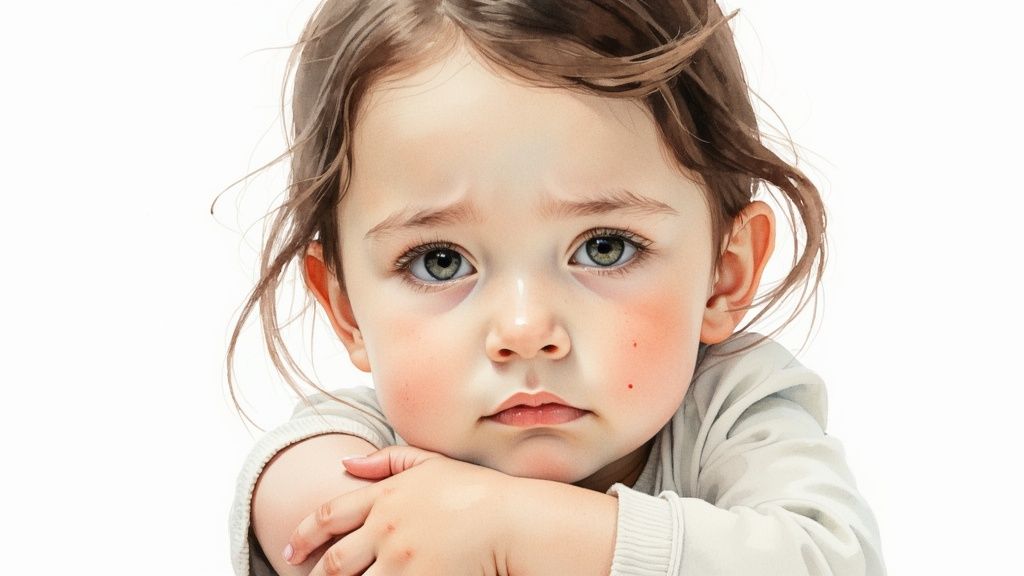 Väikese lapse lähiportree pentsiku või kurva ilmega, toetades lõuga kätele.