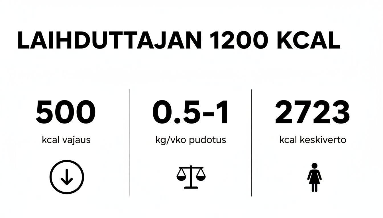 Infografiikka laihduttajan 1200 kcal ruokavaliosta, esittäen kalorivajauksen, viikoittaisen painonpudotuksen ja keskivertokulutuksen.