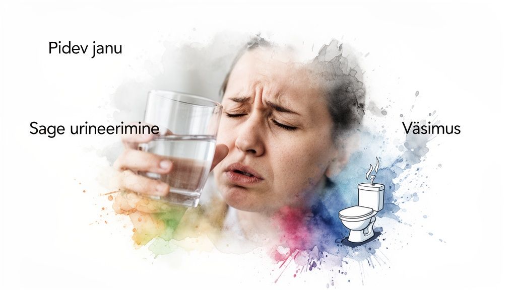 Naine tunneb janu, väsimust ja sagedast urineerimist, mis on kõrge veresuhkru sümptomid.