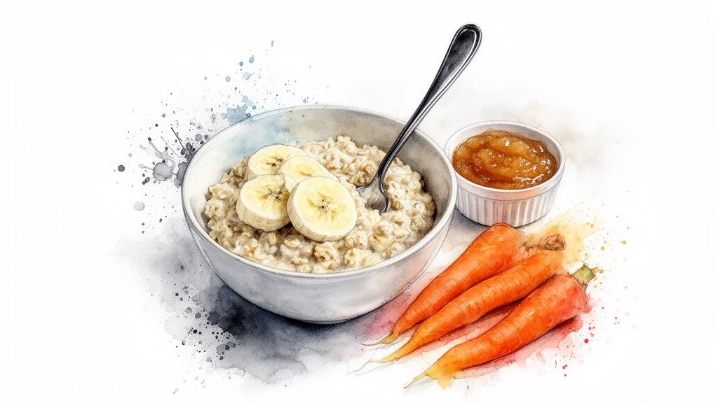 Akvarellstiilis pilt kaerahelbepudrust banaaniviiludega, õunakastme ja porganditega valgel taustal.