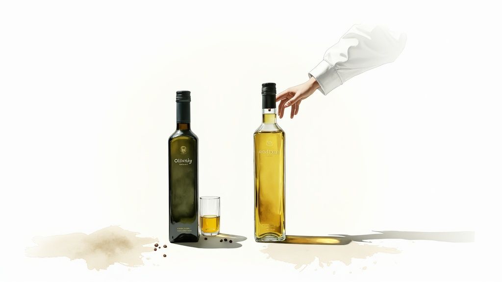 Kaksi öljypulloa, toinen tumma ja toinen vaalea, sekä lasi ja käsi valkoisella taustalla.