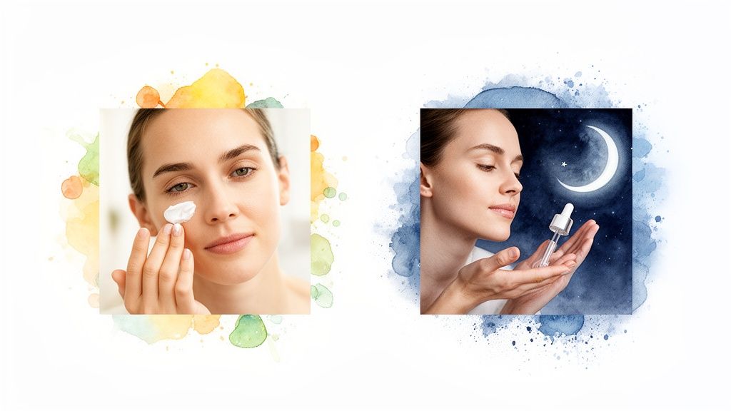 Naine kannab nahale päevakreemi ja hoiab ööseerumi pipetti, kujutades päeva- ja öist nahahooldust.