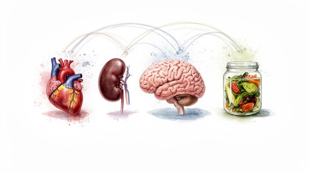 Illustratsioon tervisliku toidu (köögiviljad purgis) ja elutähtsate organite (süda, neer, aju) seosest.