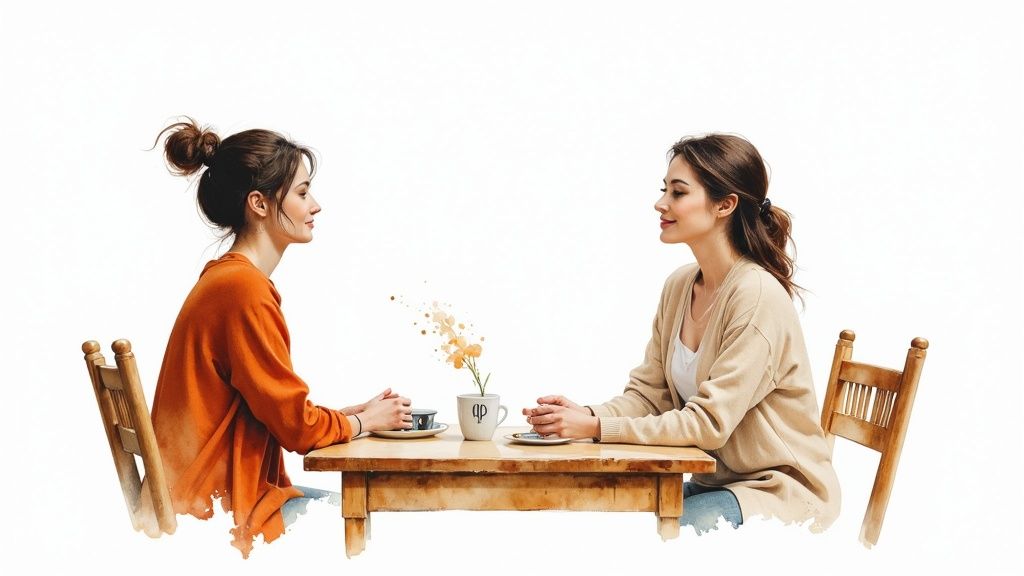 Kaksi naista istuu pöydän ääressä ja keskustelee ystävällisesti. Pöydällä on kupit ja kukka.