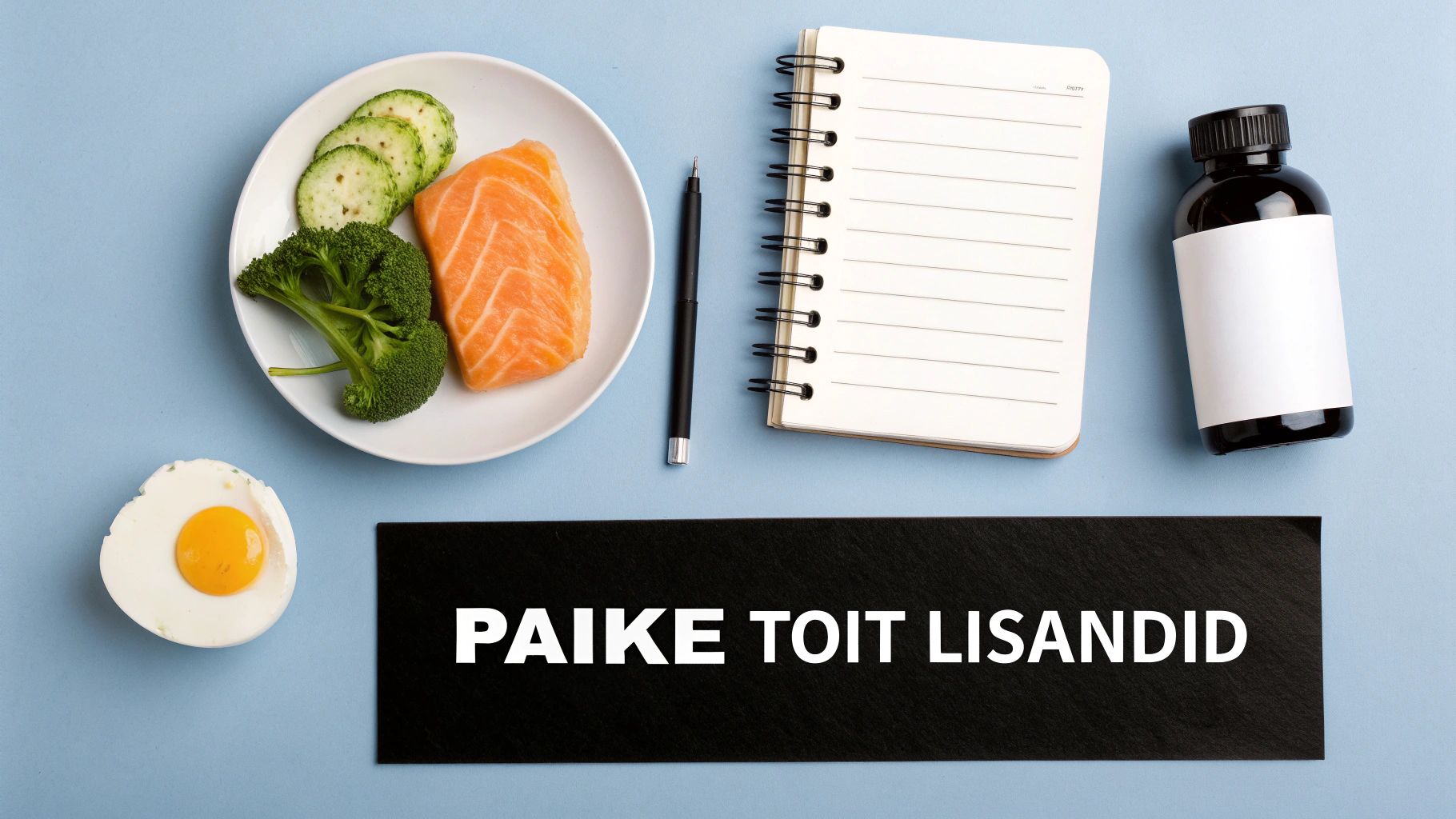 Tervislik toitumine vitamiinidega: lõhefilee köögiviljadega, munad, märkmik ja toidulisandipudel sinisel taustal