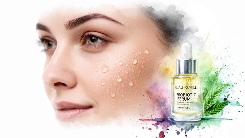 Naine veepiiskadega nahal, kõrval probiootiline seerum ja värvilised pritsmed.