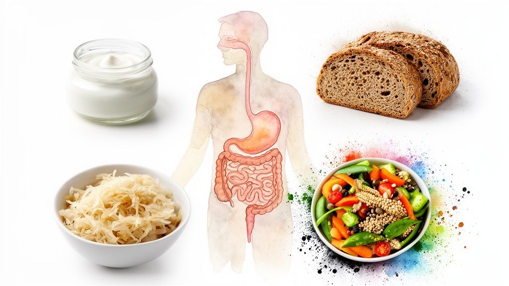 Pilt inimese seedesüsteemist ja tervislikest toitudest nagu jogurt, hapukapsas, leib ja salat.