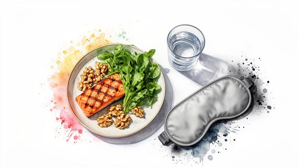 Lautanen lohta, salaattia ja pähkinöitä, vesilasi ja unimaski vesivärityyliin. Kuva symboloi hyvinvointia.