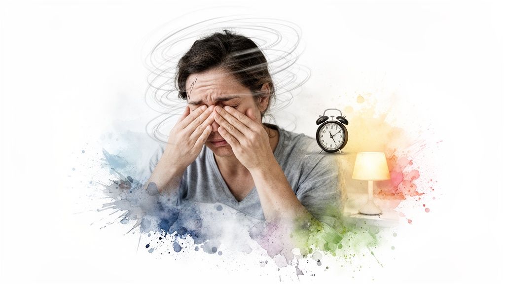 Väsynyt nainen hieroo silmiään sängyssä, pyörteitä pään ympärillä ja herätyskello vieressä.