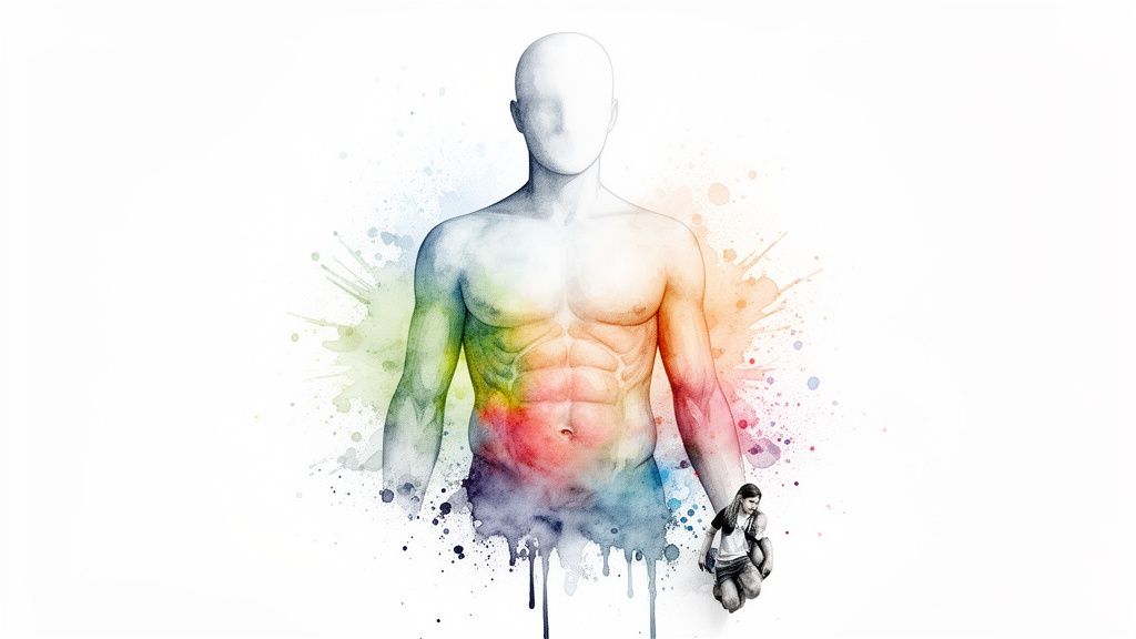 Värityksellä kuvitettu ihmisen ylävartalo värikkäine roiskeineen. Pieni henkilö roikkuu kehon sivulla.