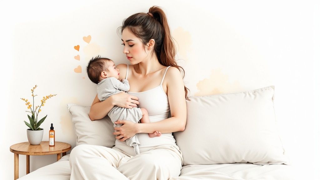 Noor ema hoiab süles beebit valgel voodil. Küljelaual on taim ja vitamiinipudel.