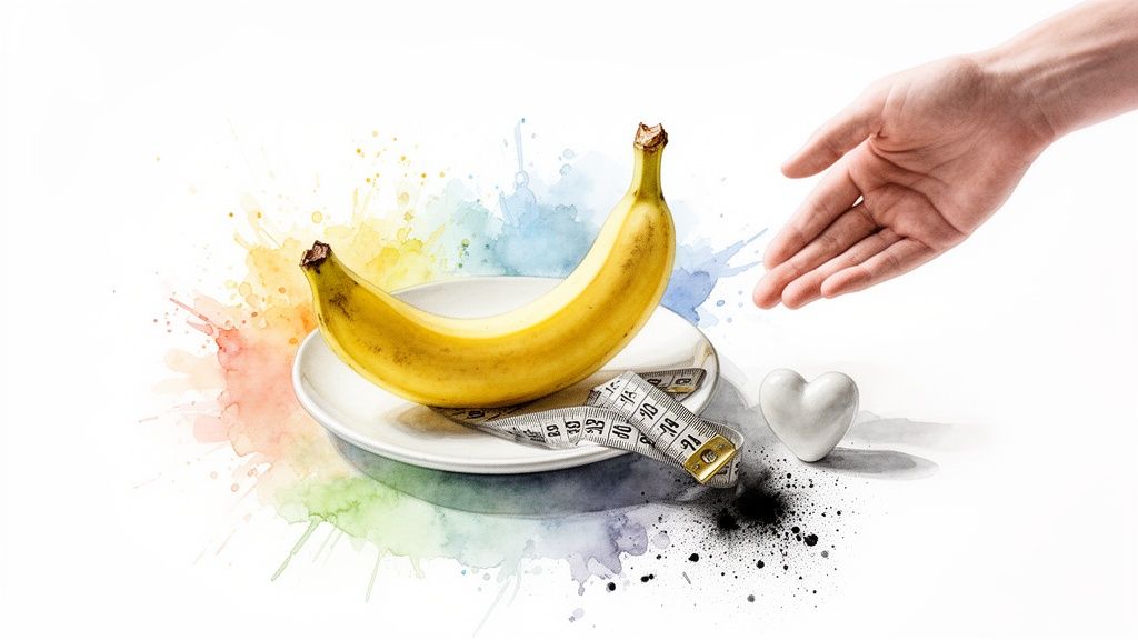 Keltainen banaani lautasella, mittanauha, valkoinen sydän ja käsi. Värikkäitä roiskeita.
