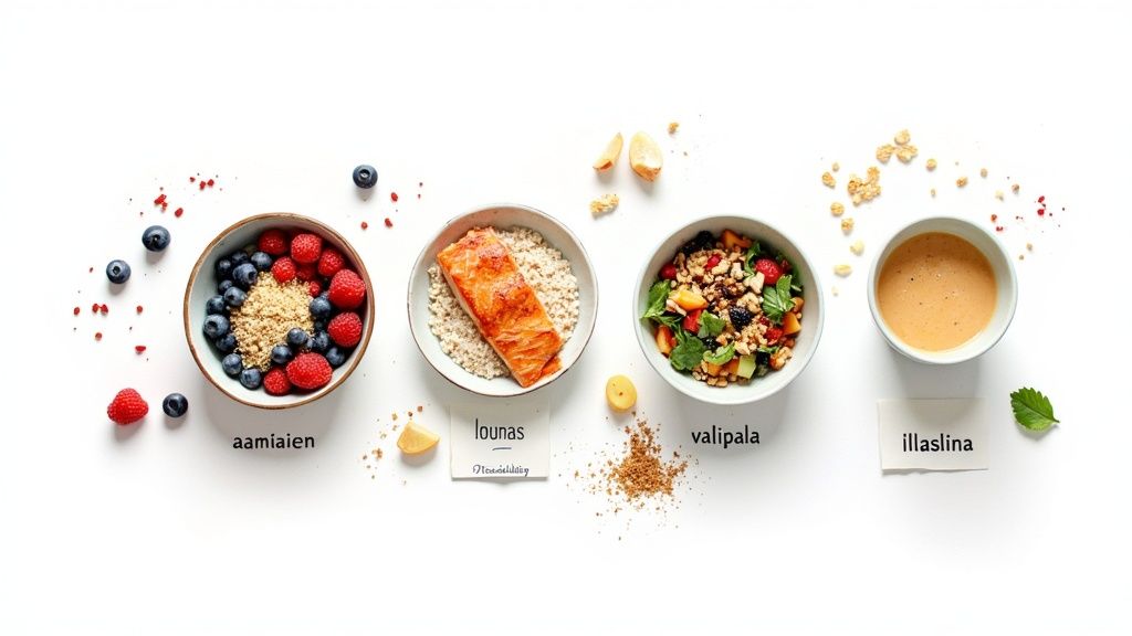 Kuva esittää neljä terveellistä ateriaa valkoisella taustalla: aamiainen, lounas, välipala ja illallinen.