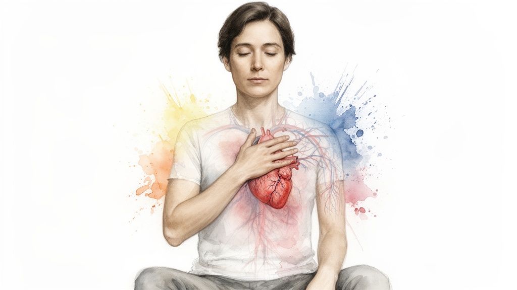 Mediteeriv inimene, kelle süda ja veresooned on nähtavad, ümbritsetud värviliste akvarellpritsmetega.