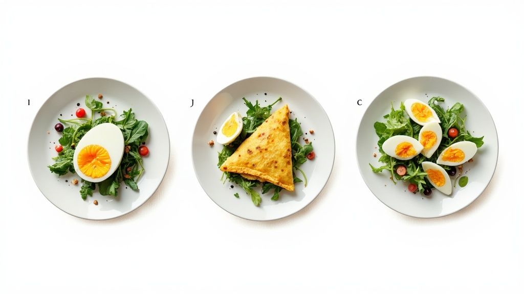 Kolme lautasannosta, joissa on erilaisia kananmunaruokia ja raikasta salaattia. Mukana kokonainen keitetty muna, piirakka ja kananmunan puolikkaita.