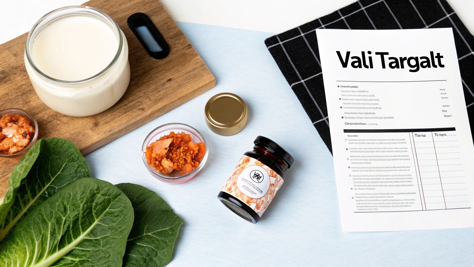 Looduslikud probiootikumid ja fermenteeritud toidud laual koos tervisliku toitumise plaaniga