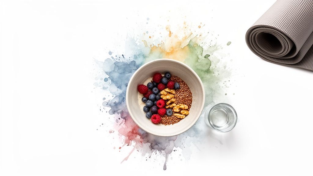Tervislik kauss marjade, pähklite ja linaseemnetega, klaas vett ning joogamatt. Värvikirev taust.