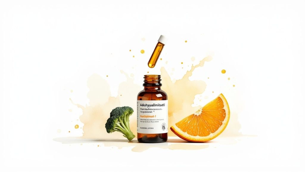 C-vitamiinilisäravinnepullo, parsakaali ja appelsiininpala valkoisella taustalla. Korostaa luonnollisia lähteitä.