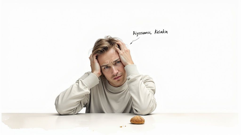 Nuori mies pitelee päätään stressaantuneena. Edessä on keksi ja teksti 'Aiyosumu, Keliakia'.