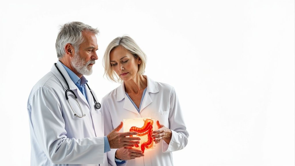 Kaksi lääkäriä tutkii valaistua 3D-mallia ihmisen suolistosta valkoisella taustalla.