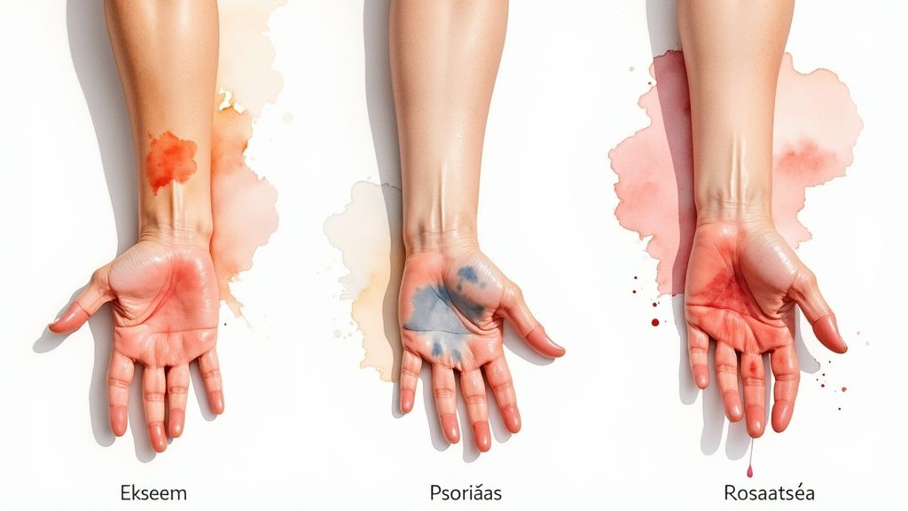 Kolm kätt, mis illustreerivad erinevaid nahahaigusi: ekseem, psoriaas ja rosaatsea värviliste laikudega.