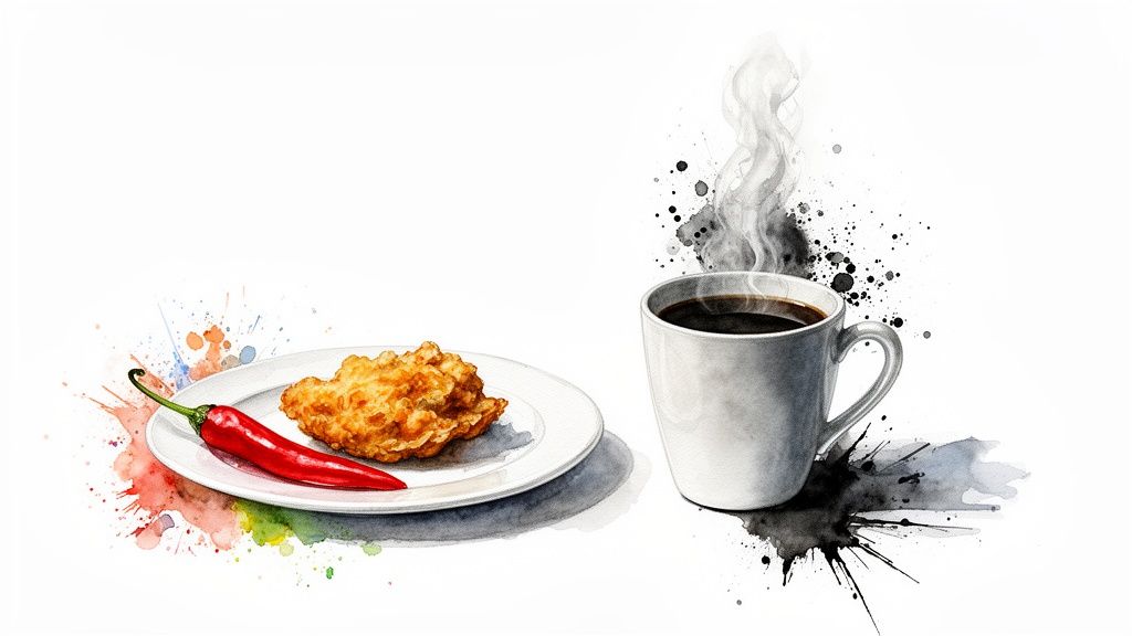 Värviline akvarellmaal tšillipiprast, praetud kanast ja auravast kohvitassist valgel taustal.