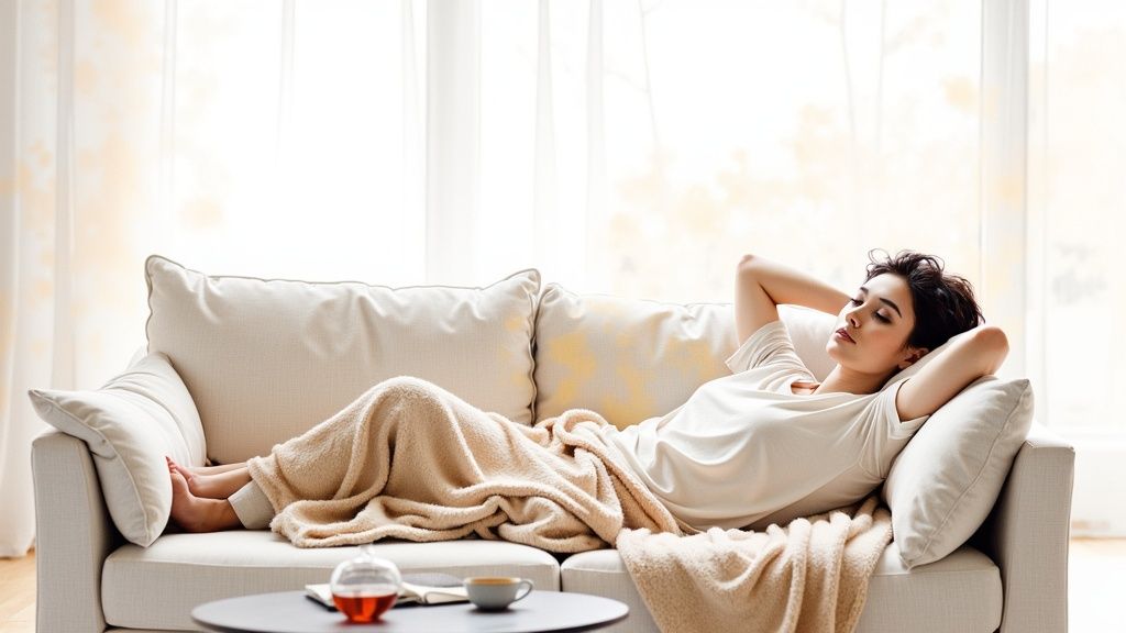 Nainen lepää rauhallisesti sohvalla peiton alla, kädet pään takana, silmät kiinni, kirkkaassa huoneessa.